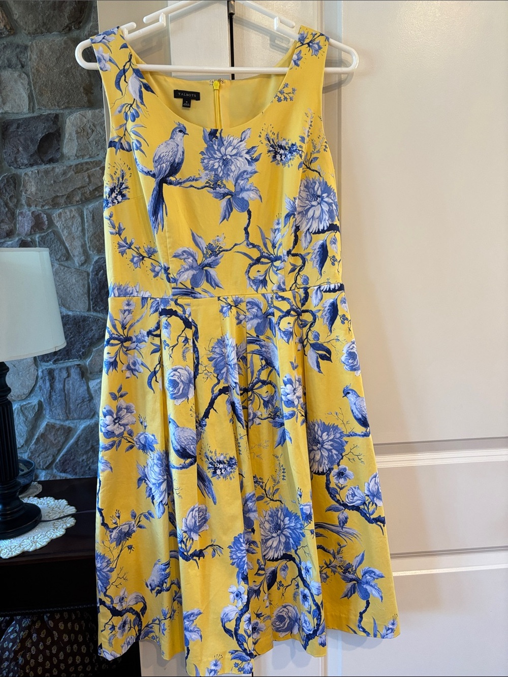 💛 🦋 Talbots EUC Sz 6 Yellow Fit & Flare Dress with Blue Floral & Bird Print 💛 🦋